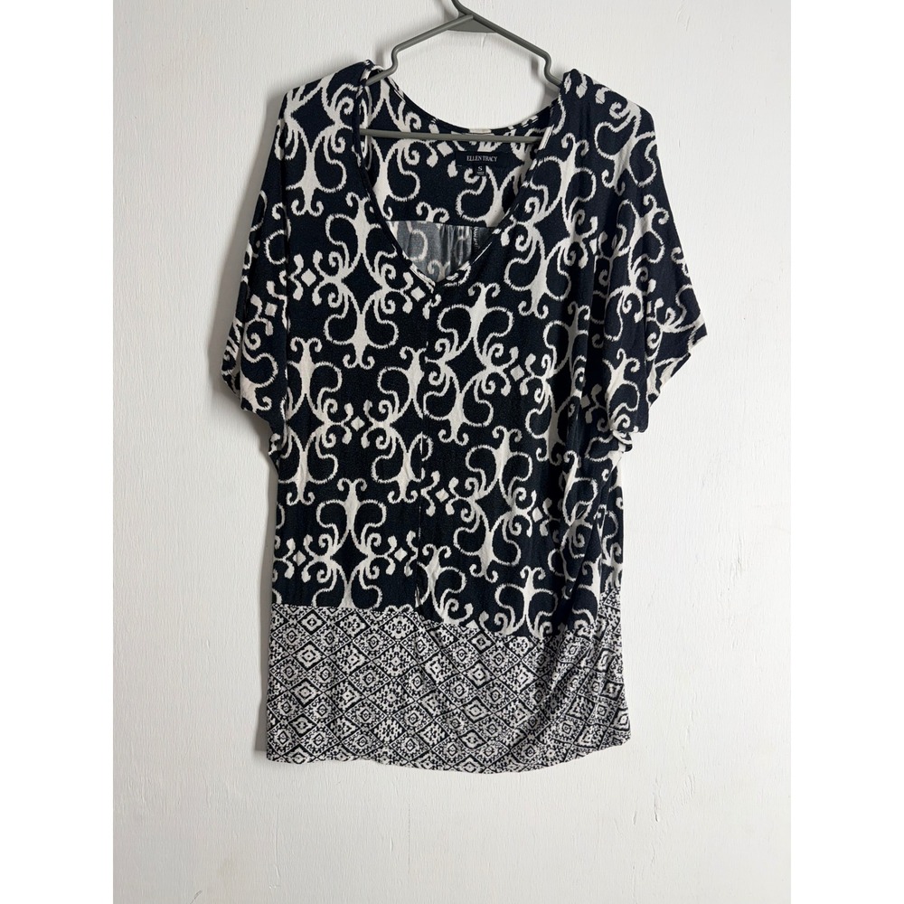 Ellen Tracy Womens Black White Damask Scroll Geometric V-Neck Blouse Top Small